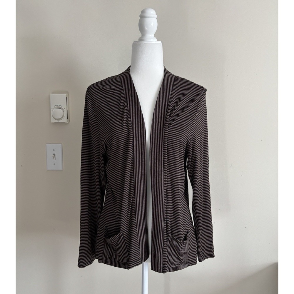 Habitat Clothing Large Open Front Cardigan Brown Black Stripes Boho Coastal